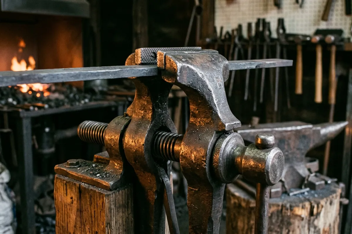 Close view of the serrated jaws and screwbox of a blacksmith vise holding flat bar