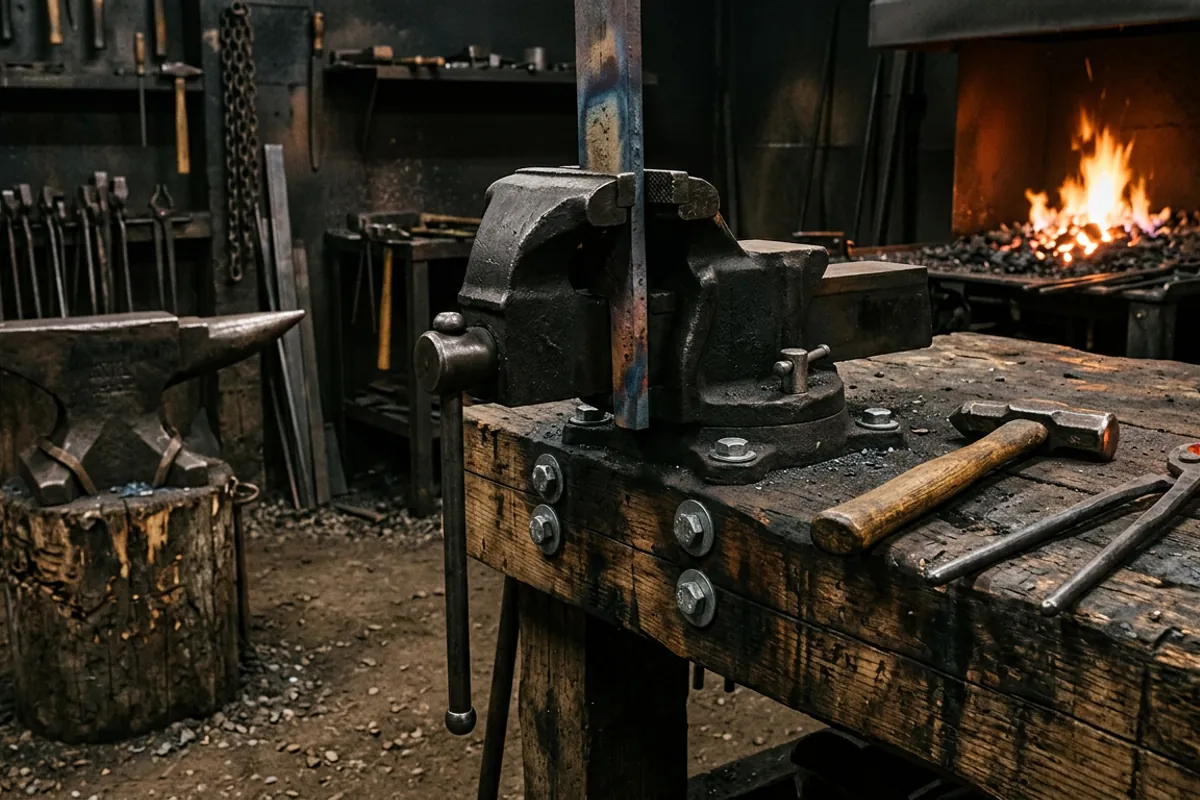 A blacksmith vise bolted through a heavy workbench with all four mounting bolts used