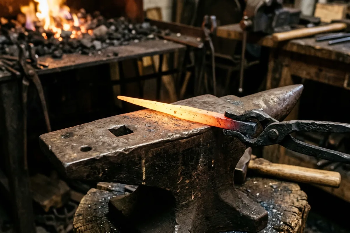 The core moves of blacksmith working shown as a hot bar being drawn out on the anvil face