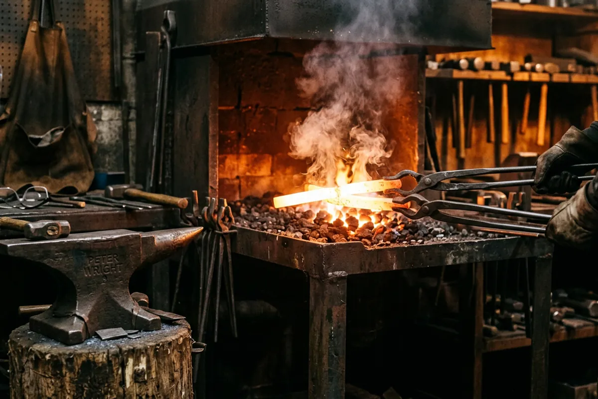 Forge welding during blacksmith working, two bright yellow bars joined over a coal fire
