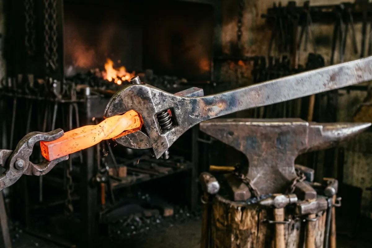 An adjustable blacksmith wrench gripping a hot square bar to lay in an even twist