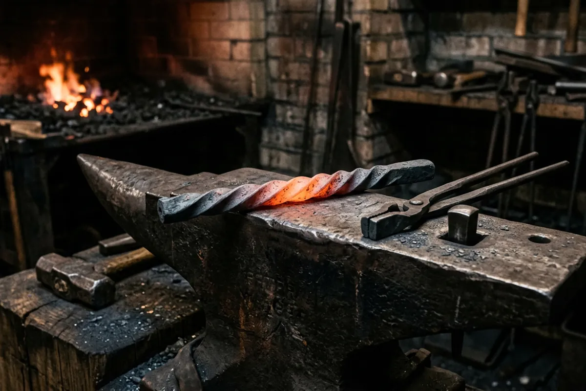 A clean even twist made with a blacksmith wrench resting on an anvil face