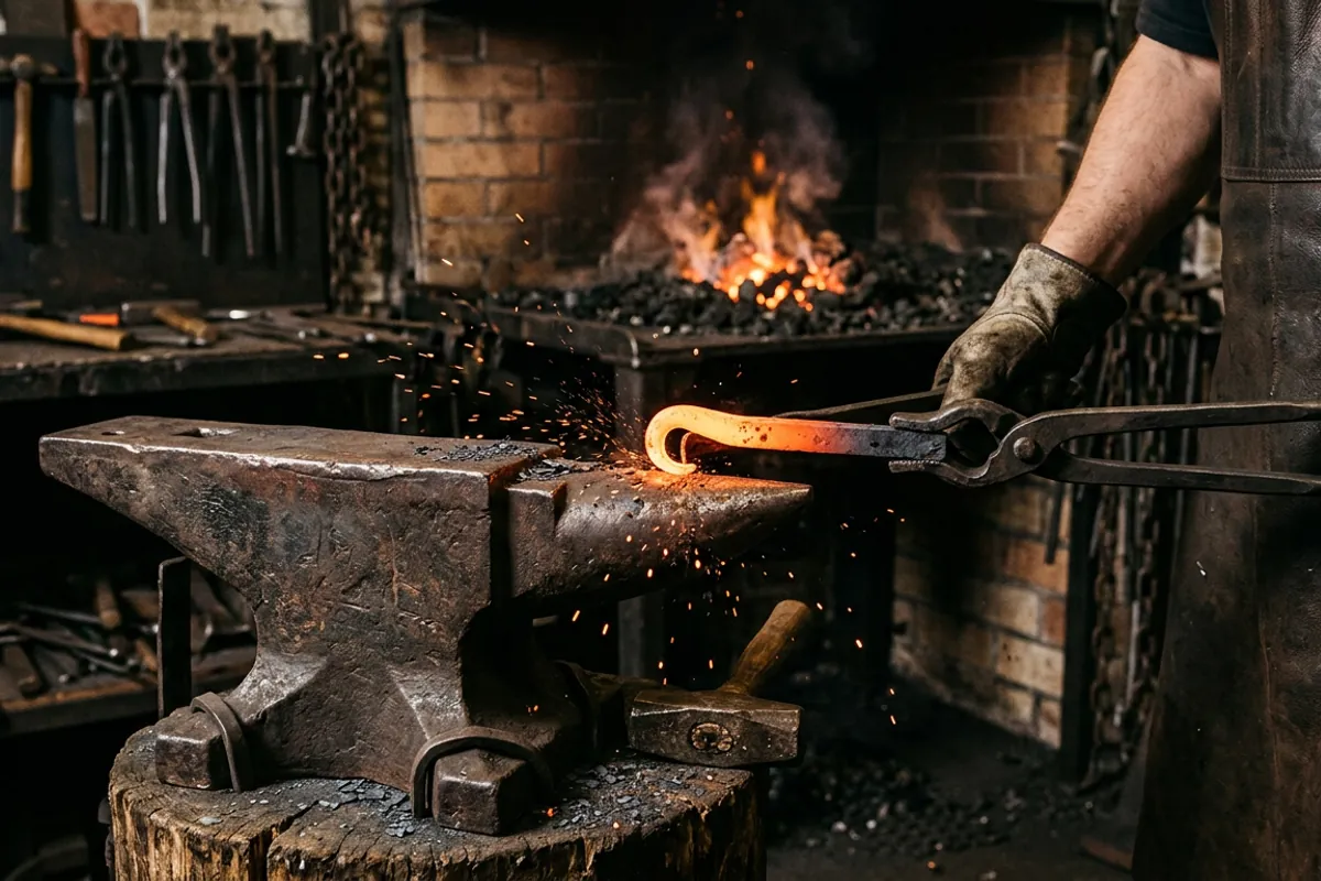 Tongs holding hot glowing stock on the anvil as the bent tip of a blacksmithing bottle opener is formed
