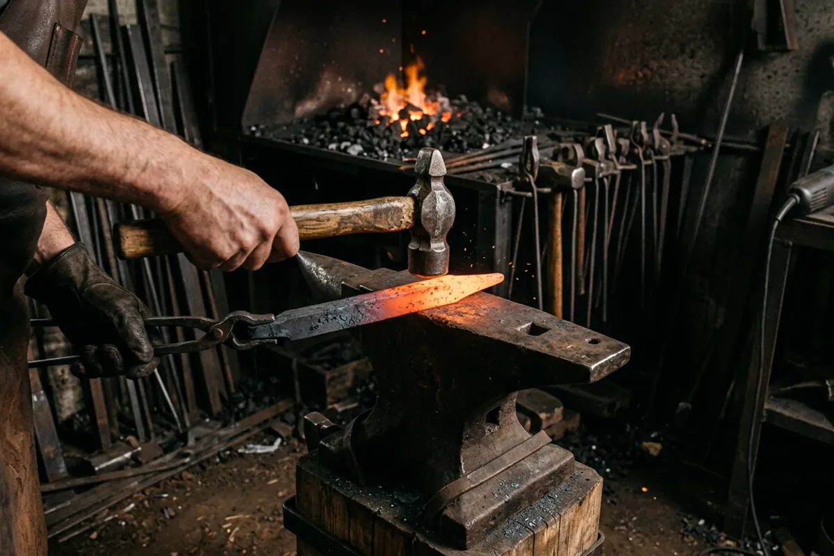 A cross pein hammer drawing a taper on hot bar stock while forging a blacksmithing bottle opener