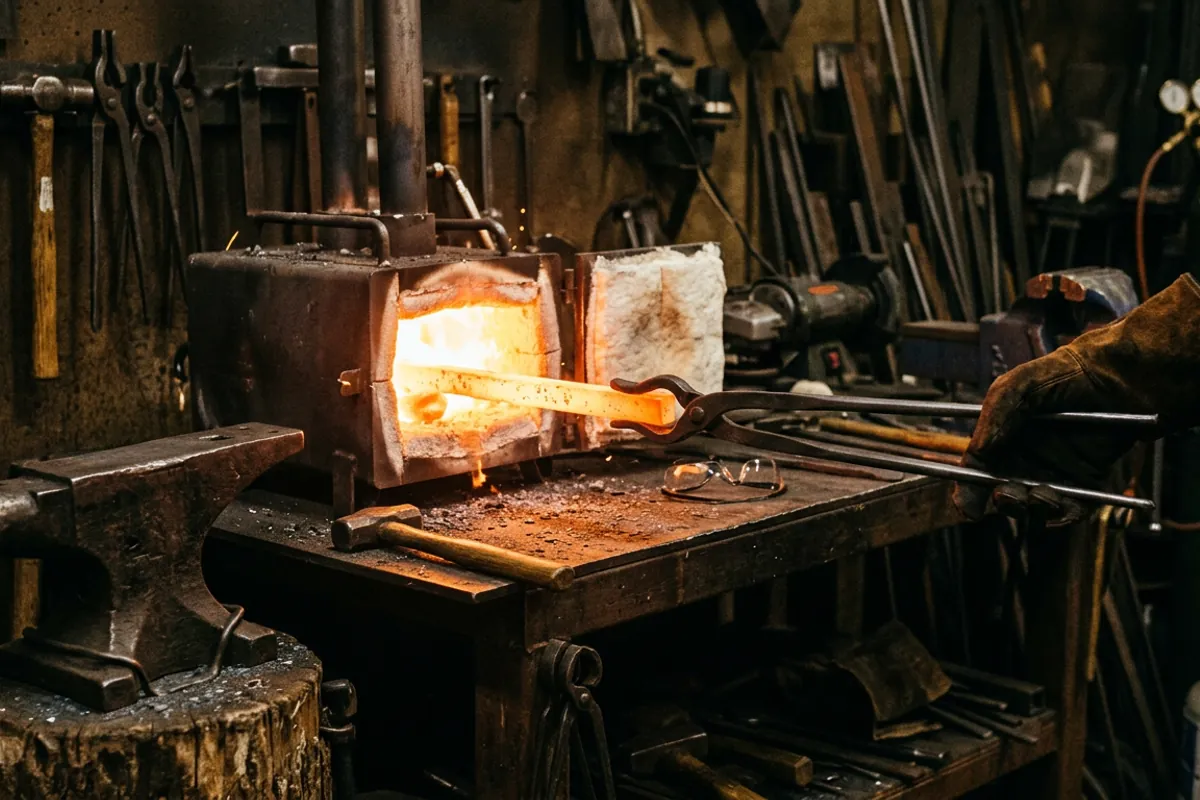 Tongs pulling glowing bar stock from a propane forge, the heart of any blacksmithing equipment setup