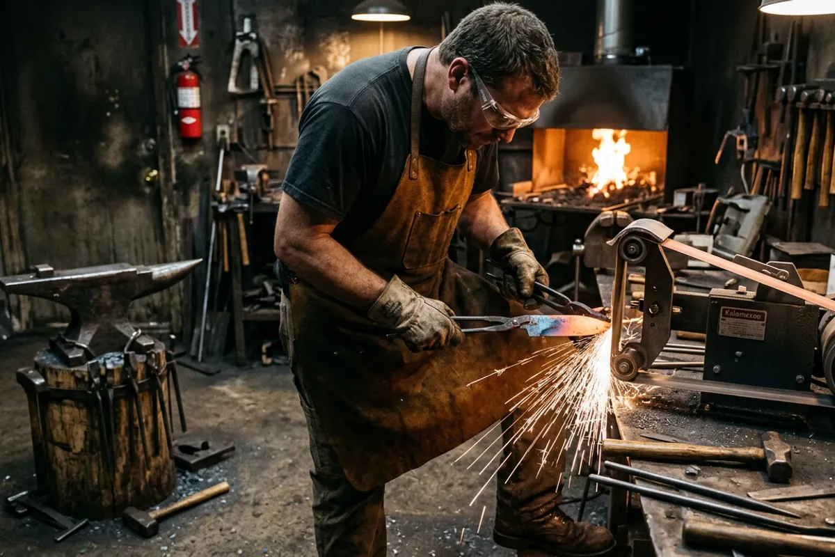 A smith in rated safety glasses and natural fiber clothing at the grinder, the safety blacksmithing equipment that is never optional