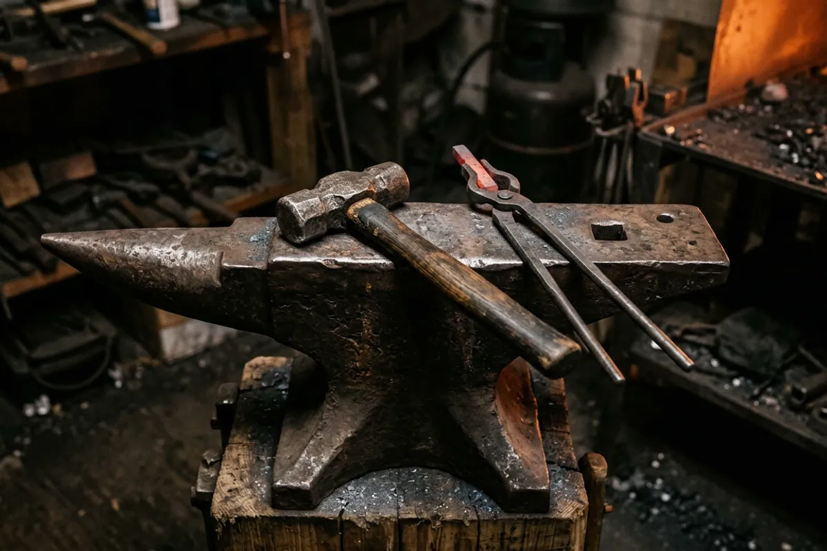 The four basic tools for blacksmithing for beginners, an anvil, hammer and tongs, lit by forge glow