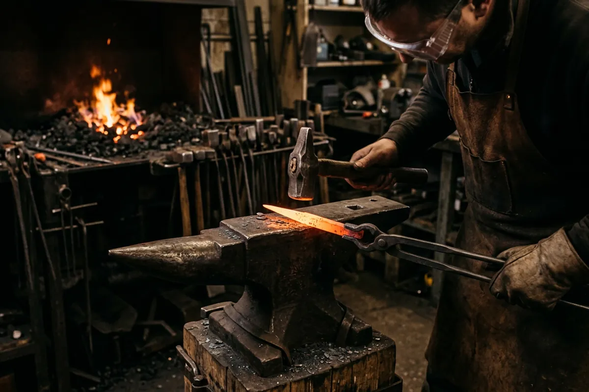 A beginner blacksmith drawing out a tapered point on hot steel, a first blacksmithing for beginners project