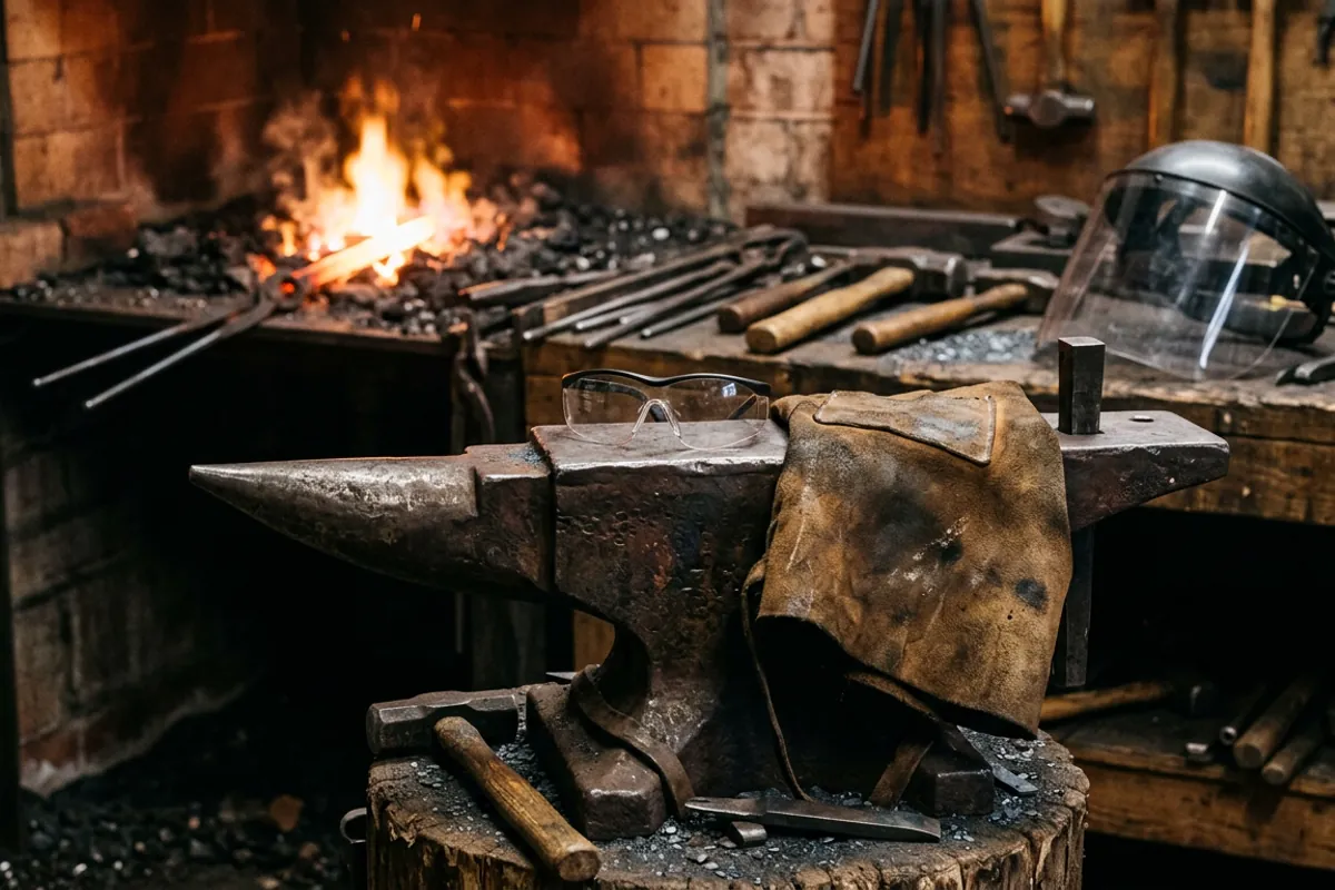 Safety gear as a blacksmithing gift, with rated glasses and a leather apron resting on an anvil in a warm smithy
