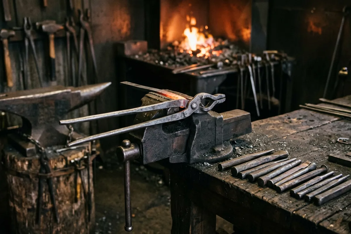 Hand-forged tongs and punches on a shop bench showing blacksmithing ideas for making your own tools