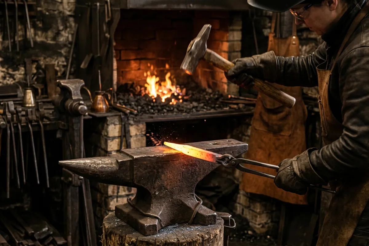 A beginner drawing a taper on hot steel, the core move behind most blacksmithing projects for beginners
