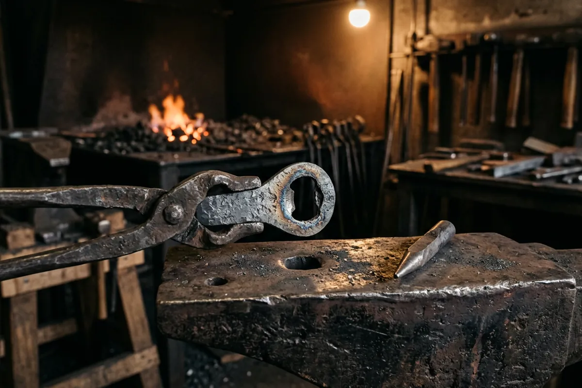 A punched hole in a forged bottle opener, one of the more advanced blacksmithing projects for beginners