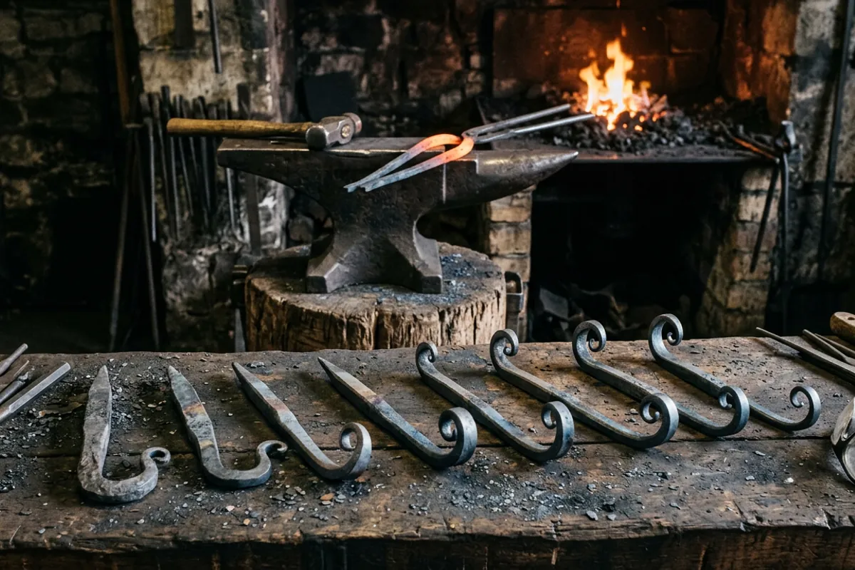 A progression of hand-forged hooks showing how repeating blacksmithing projects builds skill