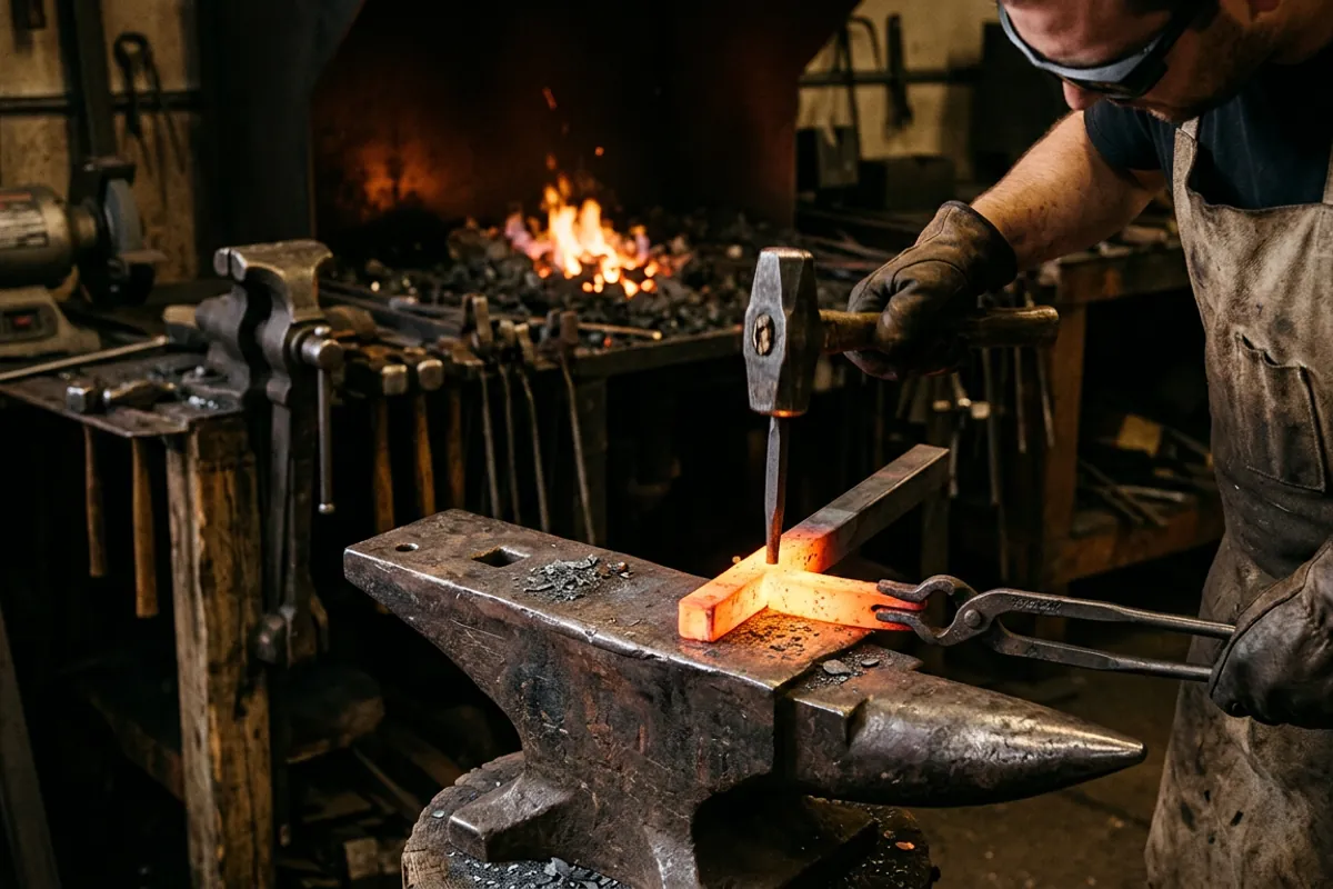 A smith punching a hole in hot steel, a tool-making blacksmithing project that teaches punching and drifting