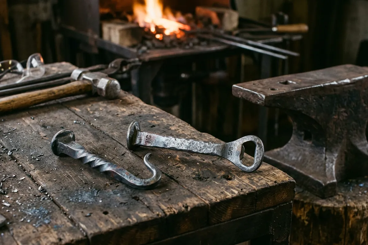 A hook and bottle opener forged from railroad spikes cooling on the bench.