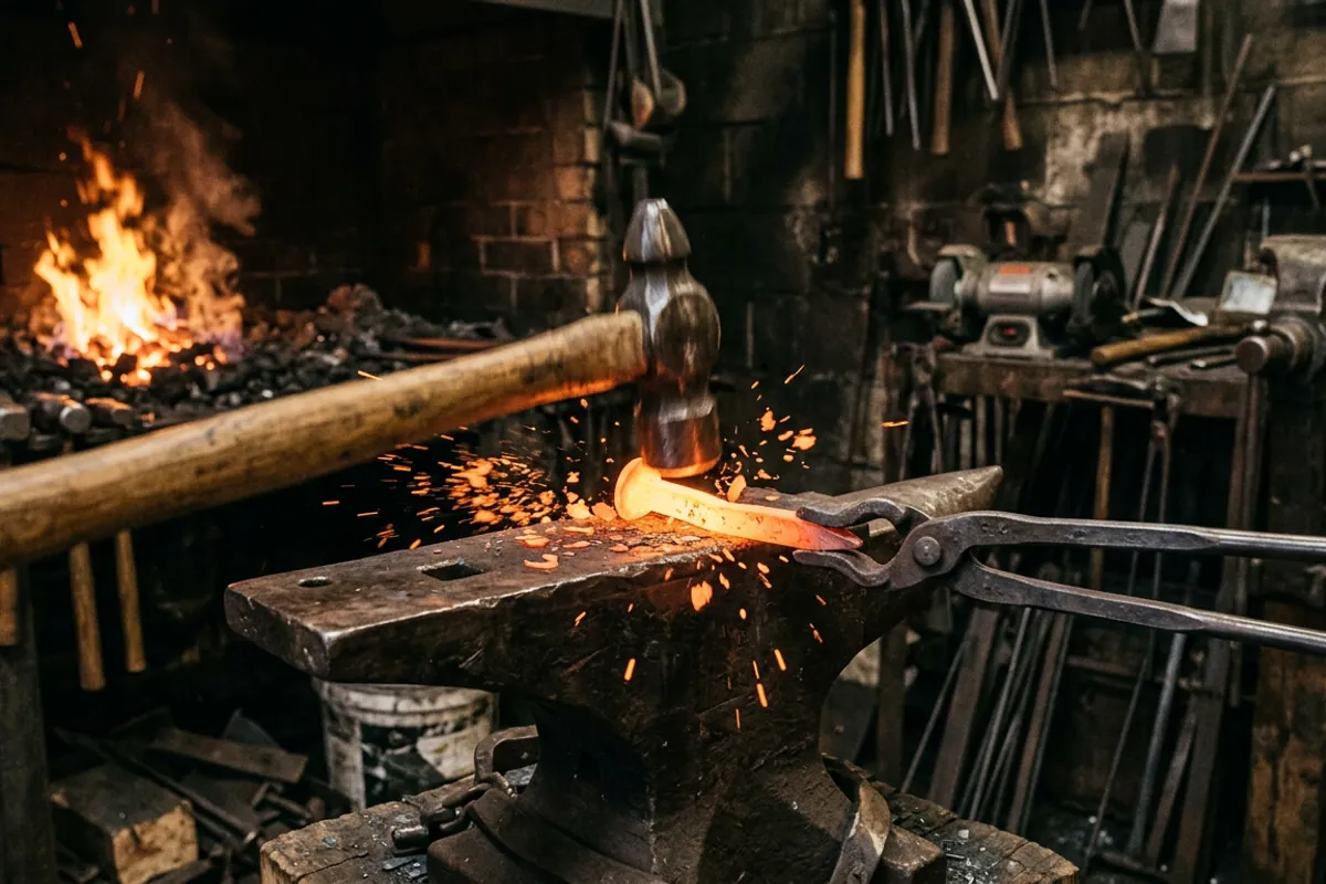 Drawing out a railroad spike shank on the anvil while blacksmithing railroad spikes.