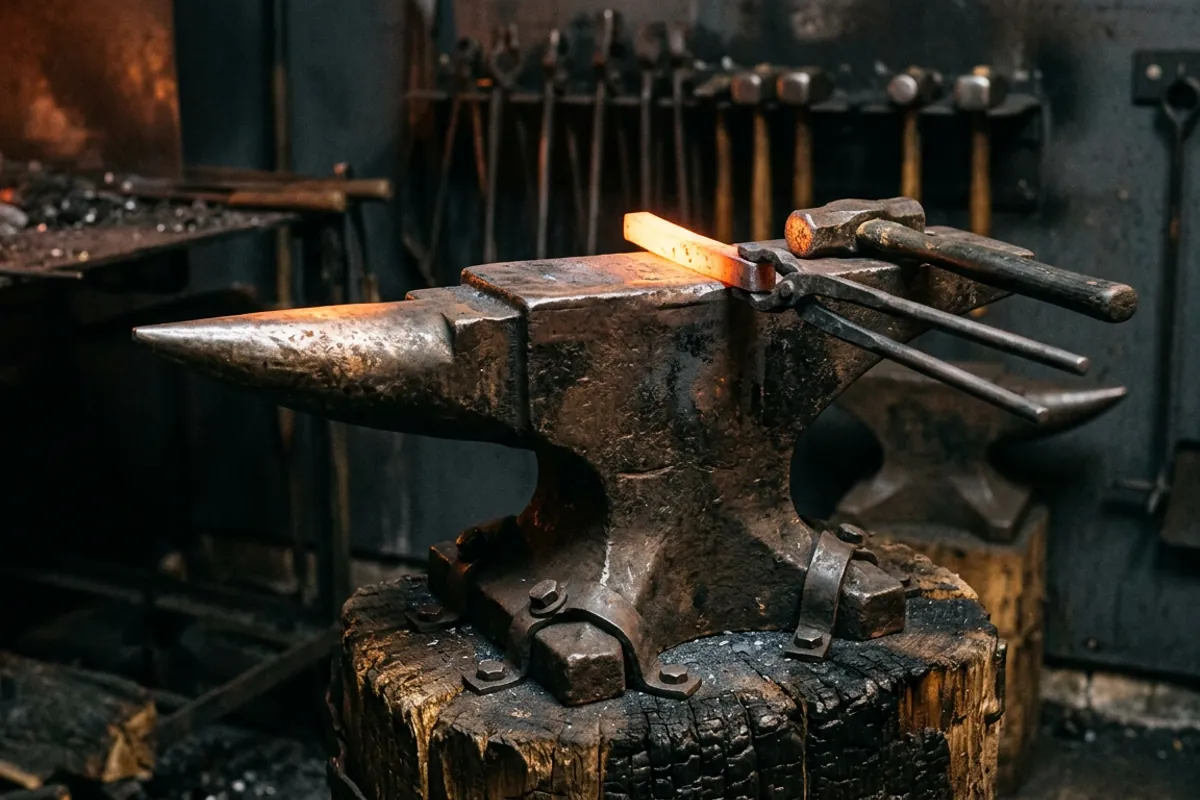 A budget cast steel anvil for a blacksmithing starter kit mounted on a solid stand