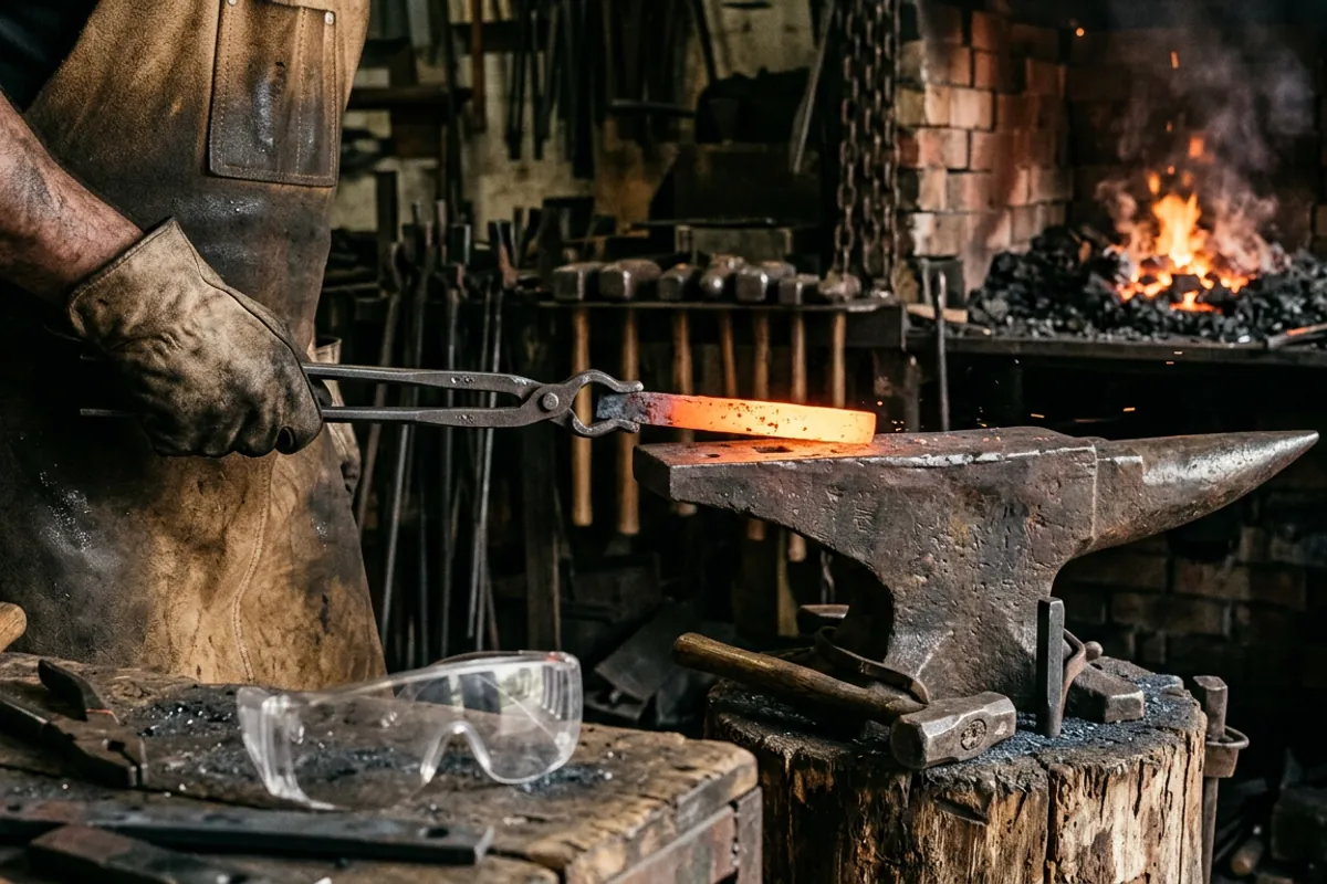 Tongs gripping hot steel with safety glasses nearby, core pieces of a blacksmithing starter kit