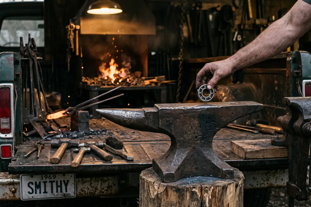 Testing an anvil at a used-tool sale, the used market that beats any new blacksmithing store