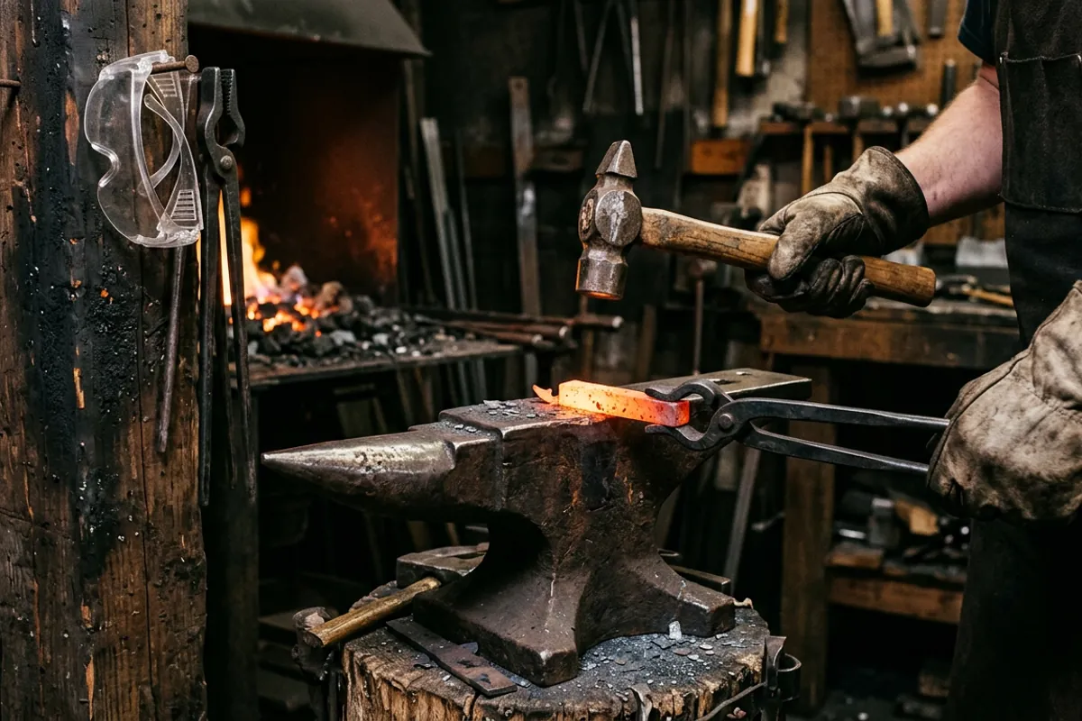 Core blacksmithing supplies in use, a cross peen hammer and tongs working glowing steel on an anvil face