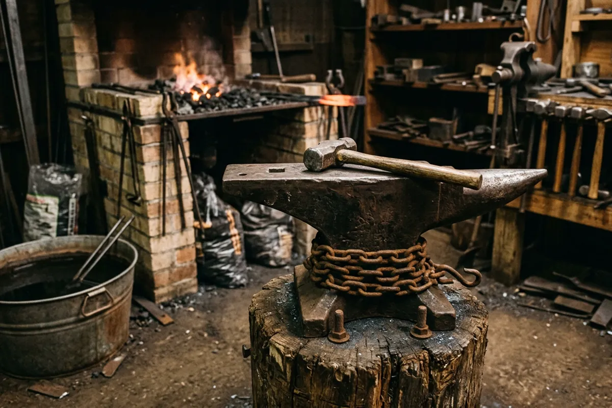 A budget single horn anvil bolted to a stump, the heaviest of the blacksmithing supplies in a small home shop