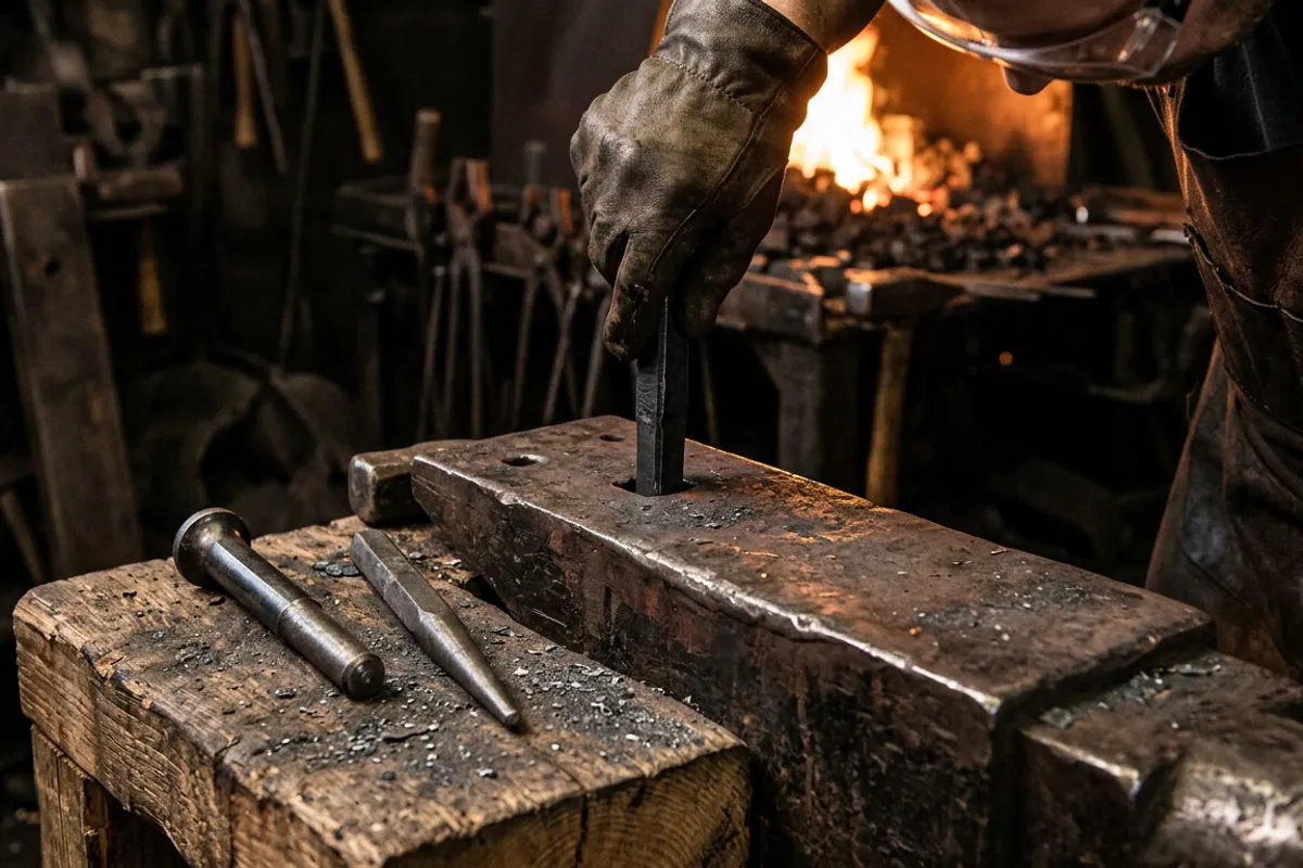 A square shanked hardy tool seated in the anvil hole, one of the first blacksmithing terms a beginner needs.