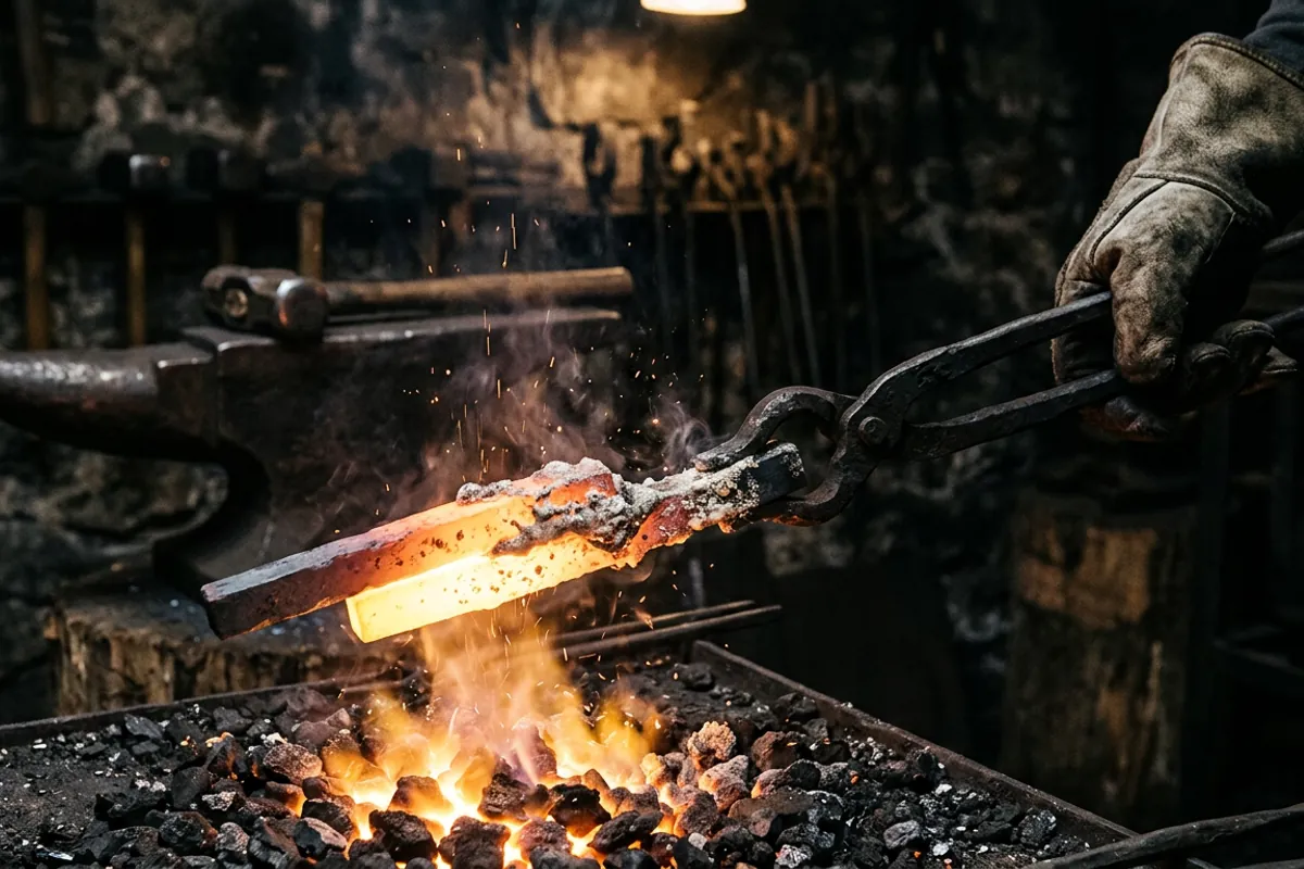 Scarfed bars at welding heat over a coal fire, showing the forge welding blacksmithing terms in practice.
