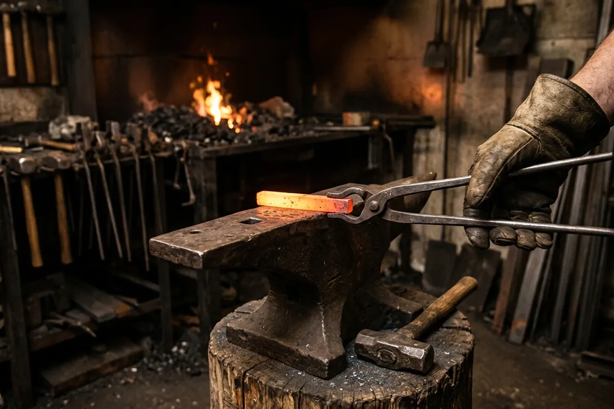 Blacksmithing tools in use: tongs gripping a hot bar evenly against the anvil face in a dark shop