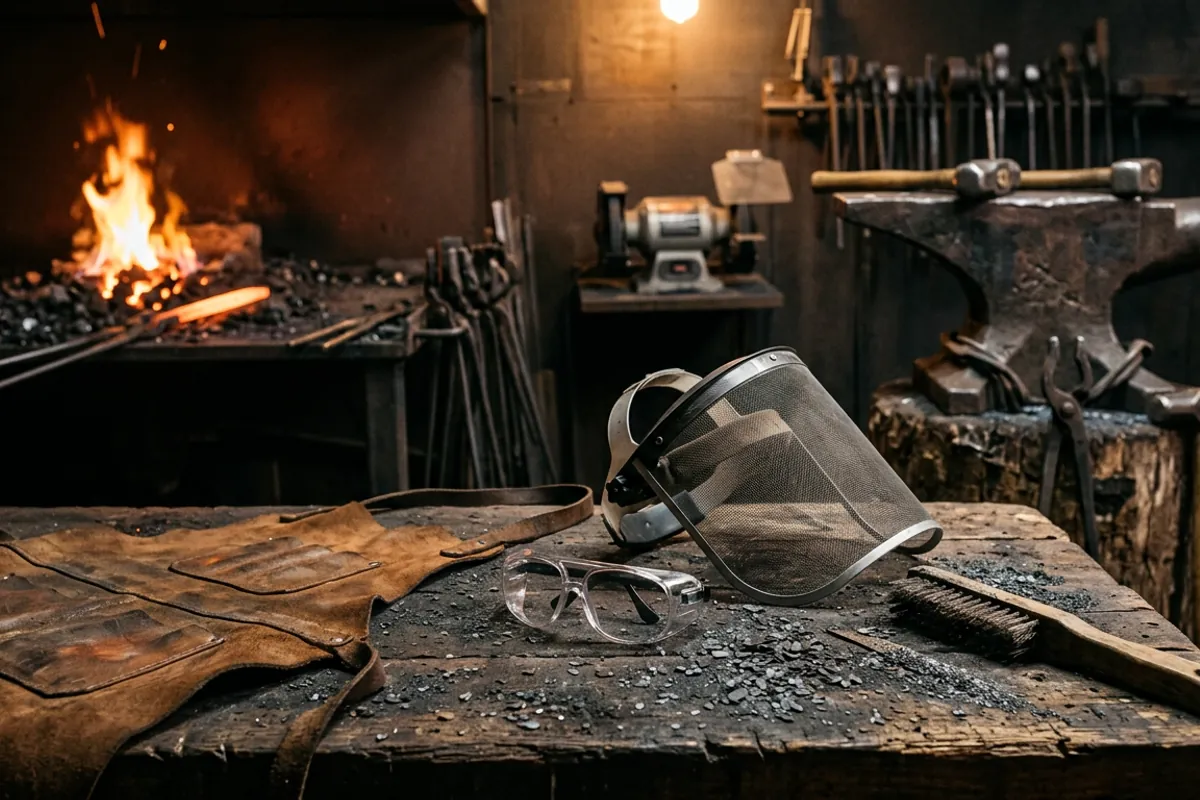 Eye protection and a face shield among blacksmithing tools on a shop bench near the forge