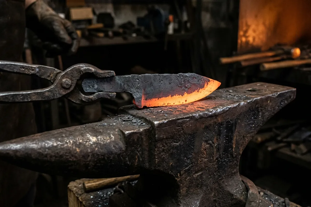 A rough forged knife blade glowing orange on an anvil face partway through blade smithing.