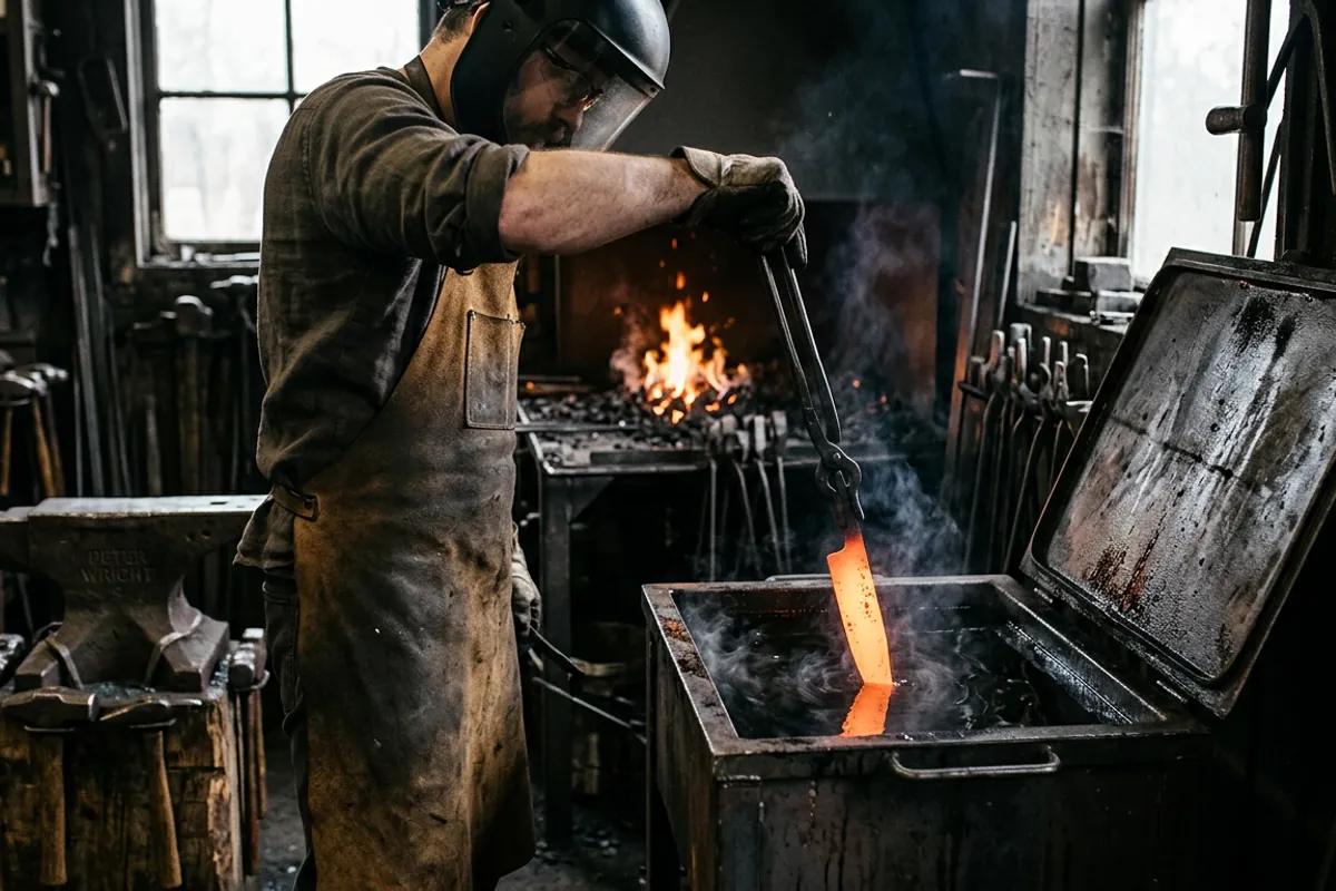 A smith quenches a glowing blade edge first into oil during the hardening stage of blade smithing.