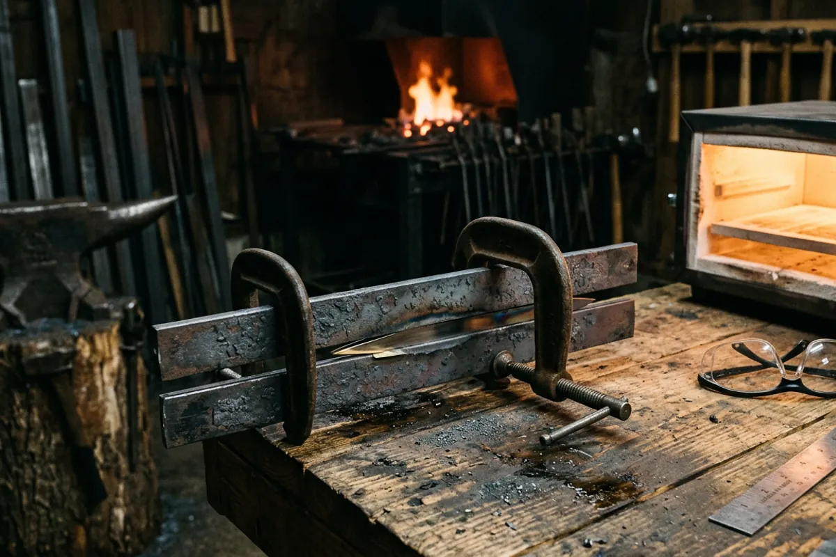 A knife that warped during heat treat clamped between flat bars in a straightening jig before going back into the temper