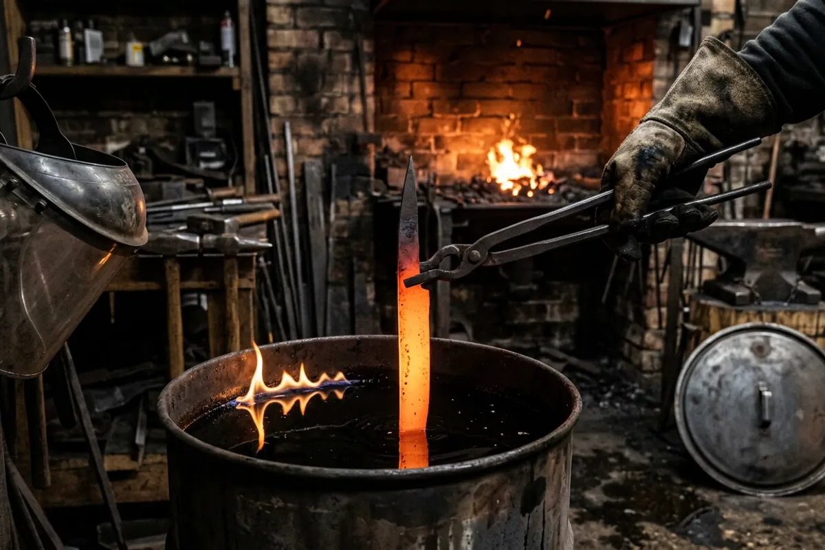 Lowering a glowing blade straight down into quench oil, the entry technique that keeps a blade from warping in the quench