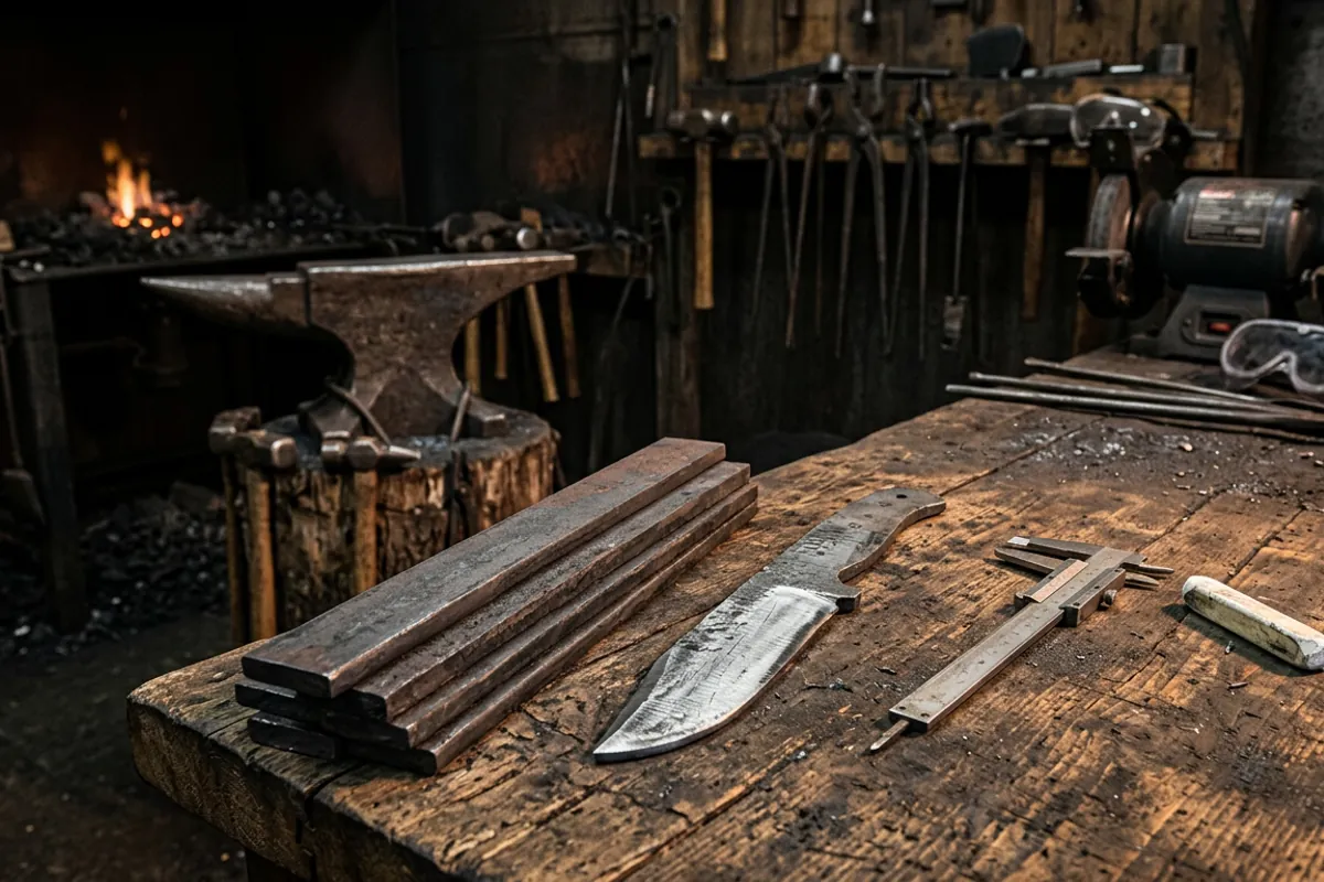 Bars of simple high carbon steel and a partly forged blank ready for bladesmithing
