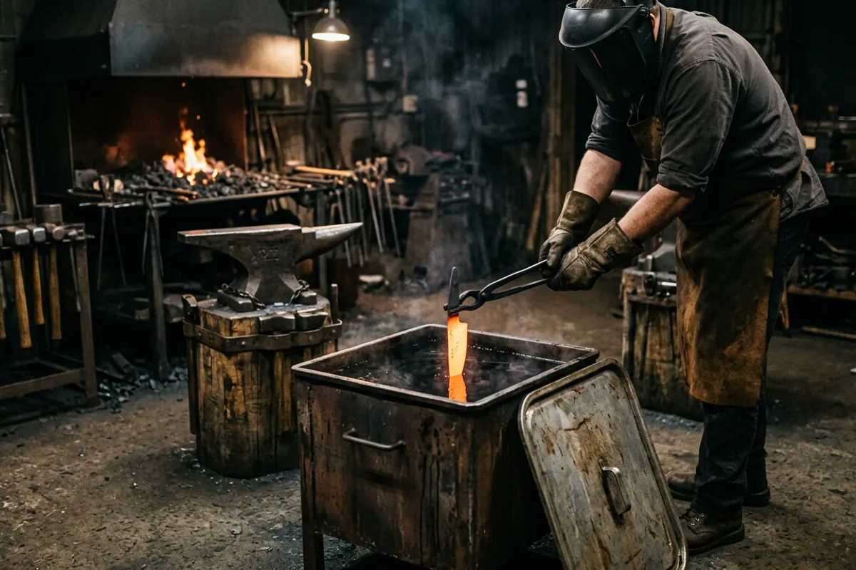 Quenching a glowing blade edge first into warm oil during the hardening step of bladesmithing