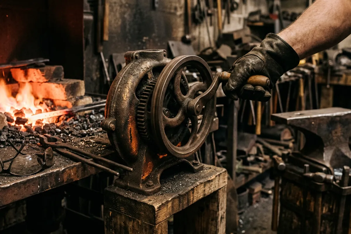 A gloved hand cranking a geared cast-iron Bufco-style forge blower beside a lit coal forge