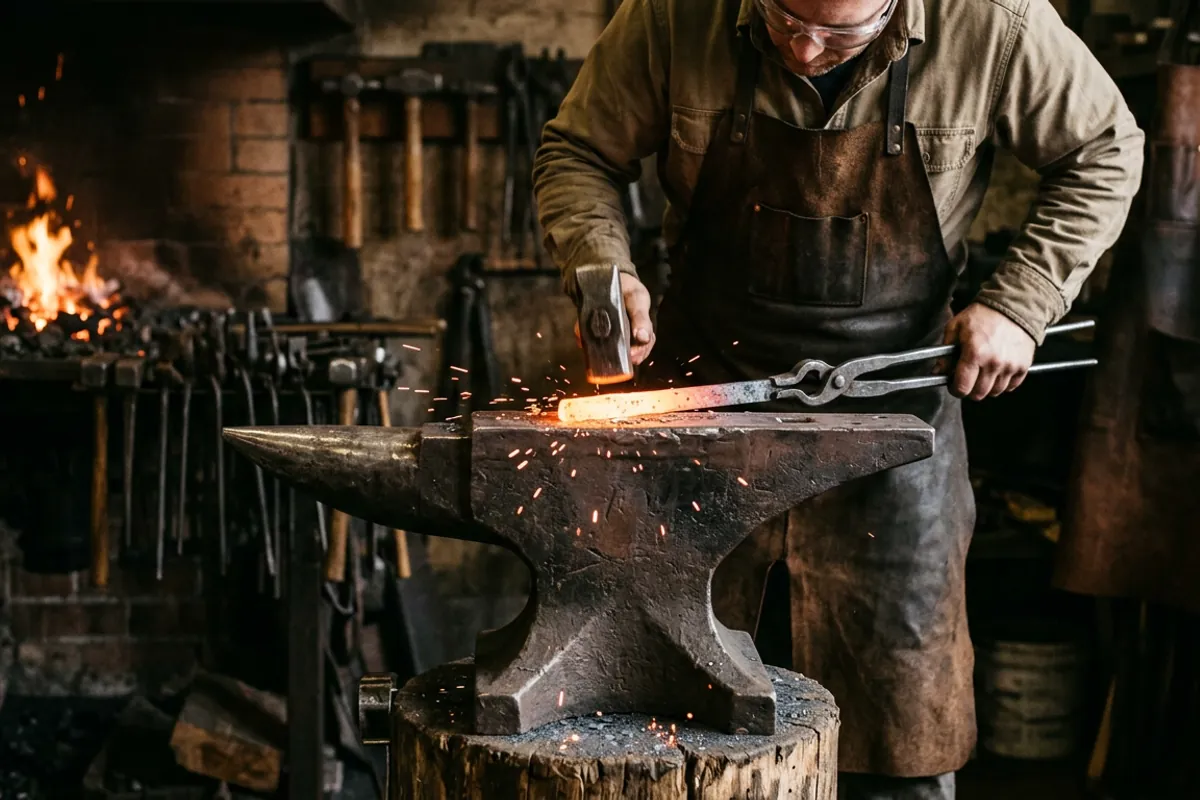 Tongs holding hot steel on a hard anvil face, showing the rebound a cast iron anvil for sale cannot give