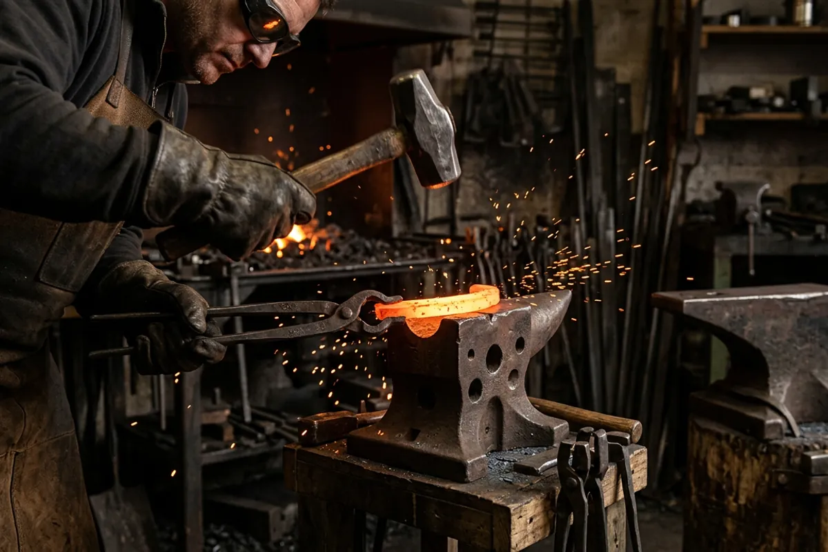 Hot steel held in tongs being formed in the groove of a cast iron swage block