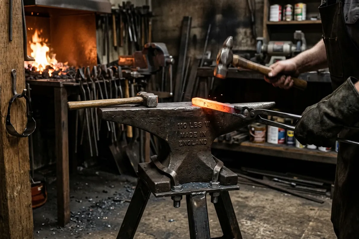 A 110 pound cast steel anvil mounted on a stand while hot steel is worked on its face