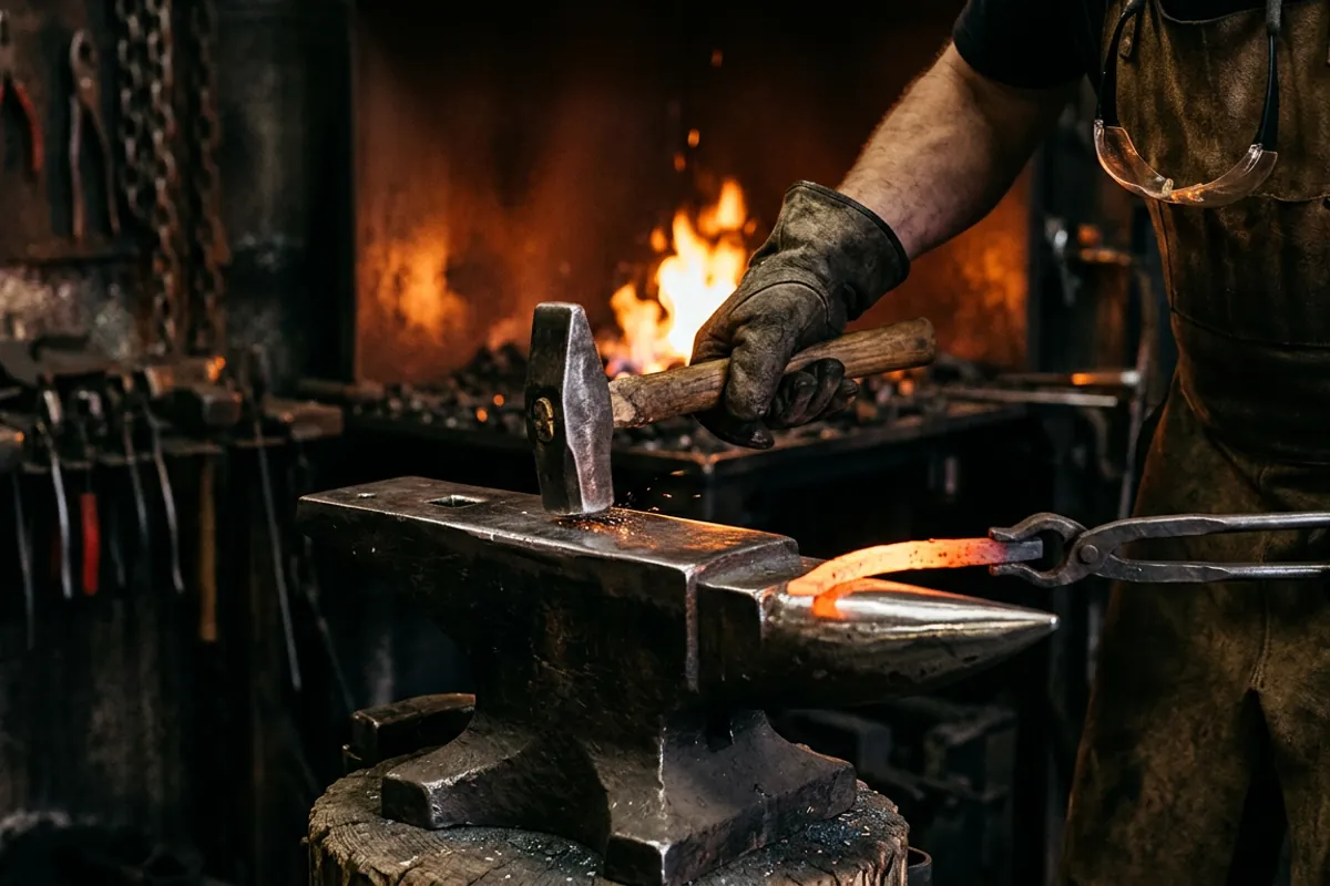 Testing rebound on the face of a Centaur Forge anvil with a hammer and tongs