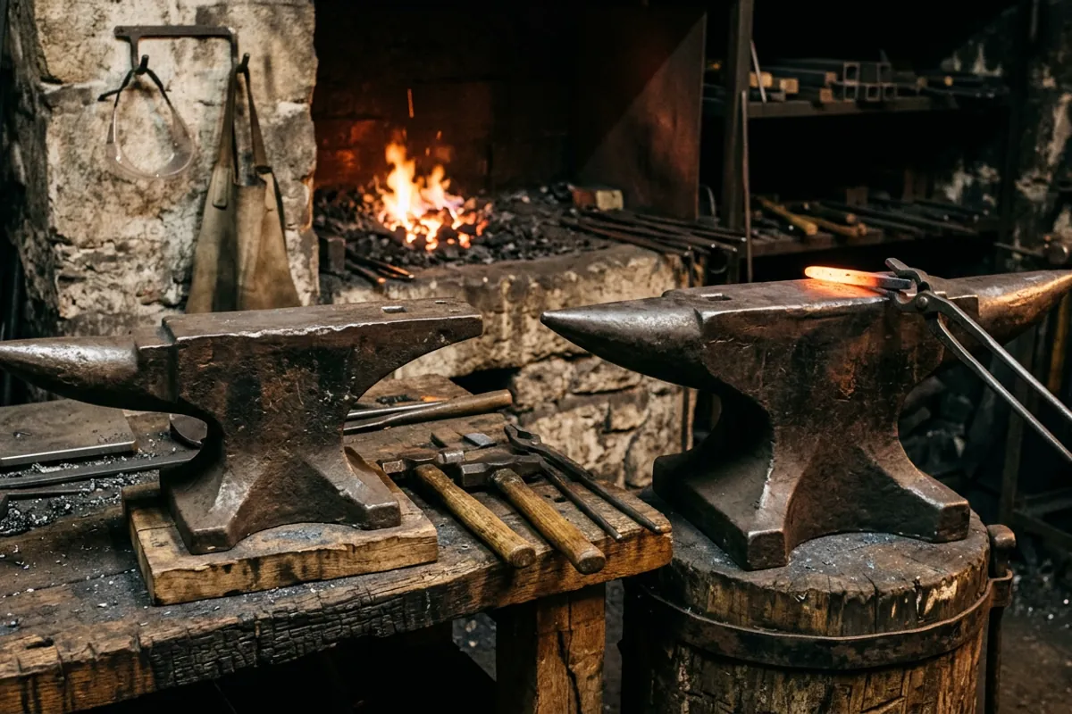 A budget cast-steel anvil next to a heavier forged Centaur Forge anvil for comparison
