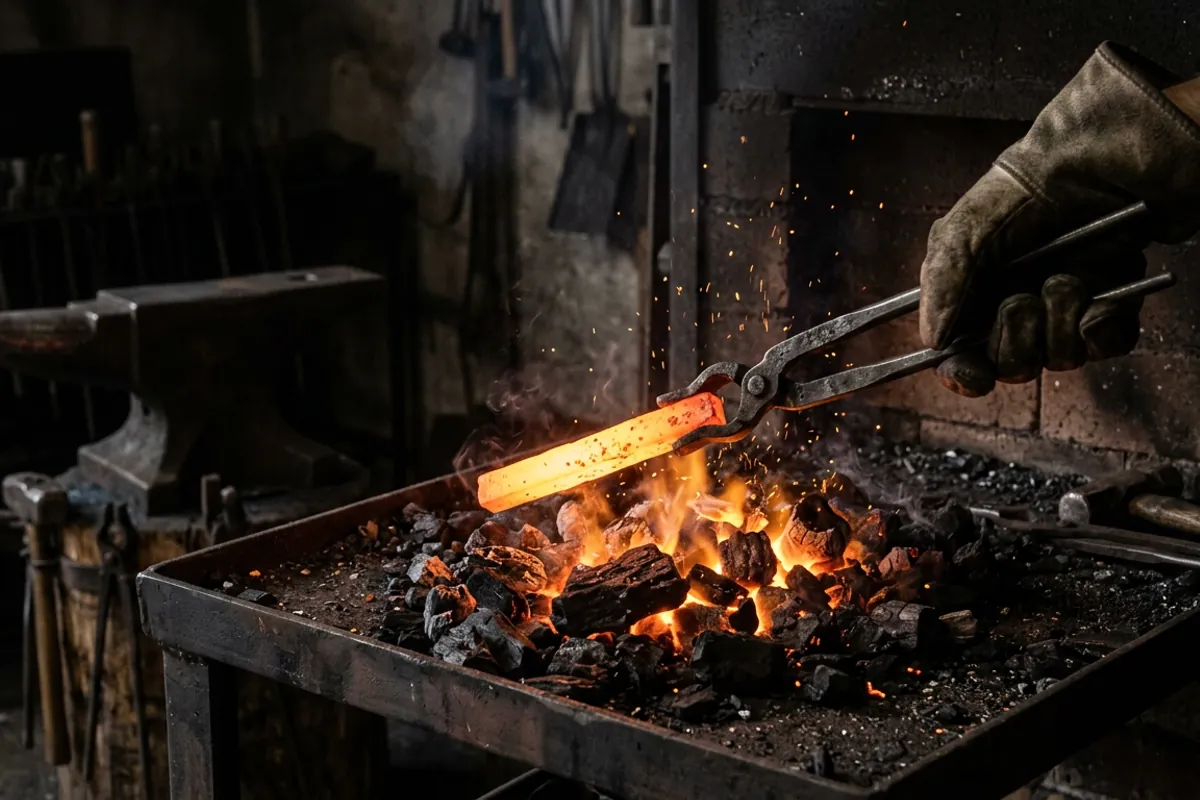 Tongs lifting hot steel from the fuel bed of a charcoal forge with an anvil in the background