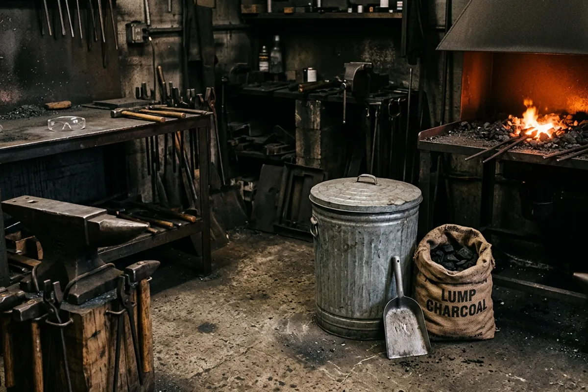 Lump charcoal, a shovel and a metal ash can stored safely beside a charcoal forge