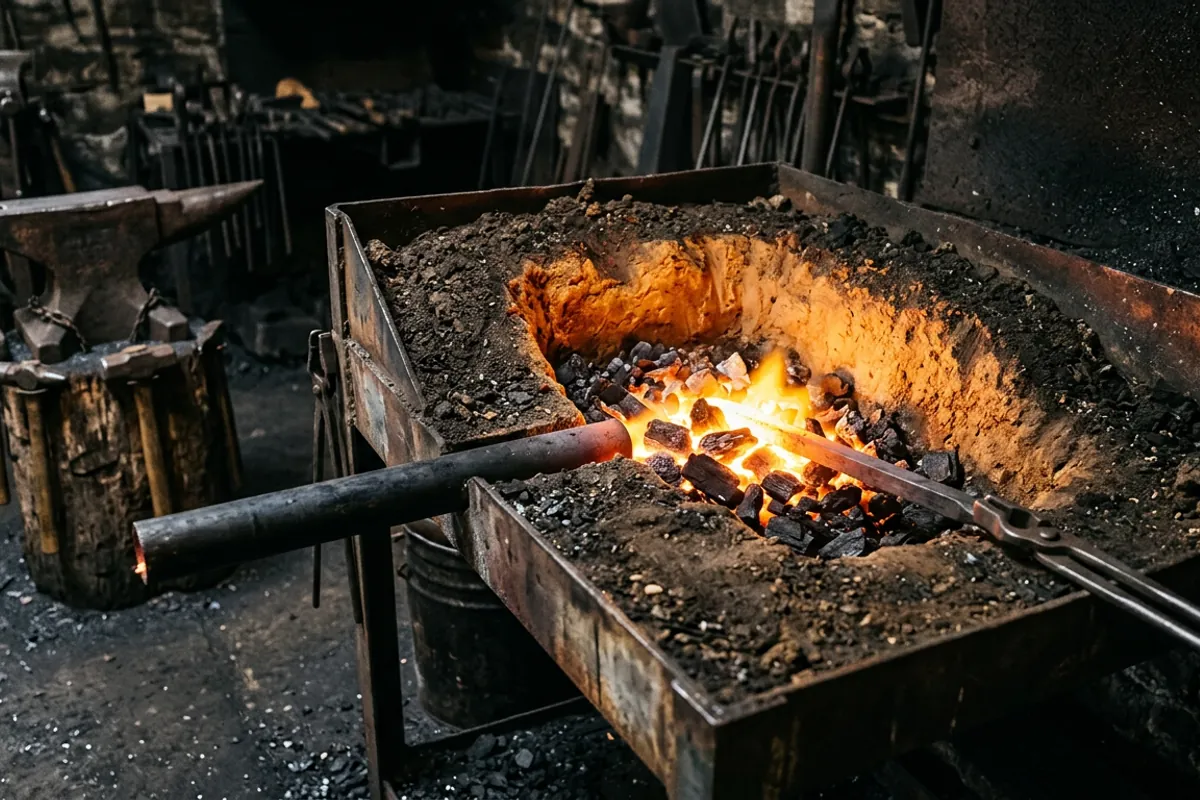 A homemade box of dirt charcoal forge with a side blast pipe, an alternative to a charcoal forge for sale
