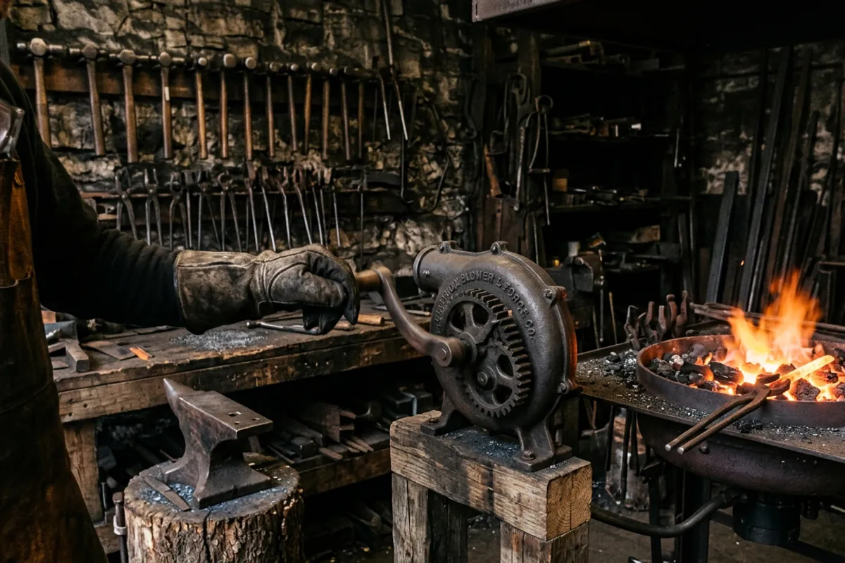 A hand crank blower feeding air to a charcoal forge firepot in a dark home shop