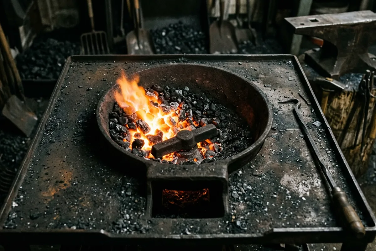 Close view of the firepot, clinker breaker and ash dump inside a coal forge