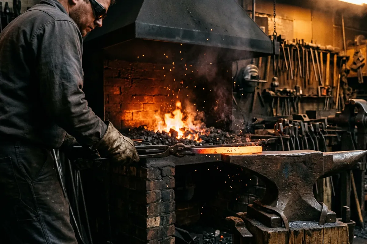 Hot steel held in tongs coming out of a coal forge fire beside an anvil