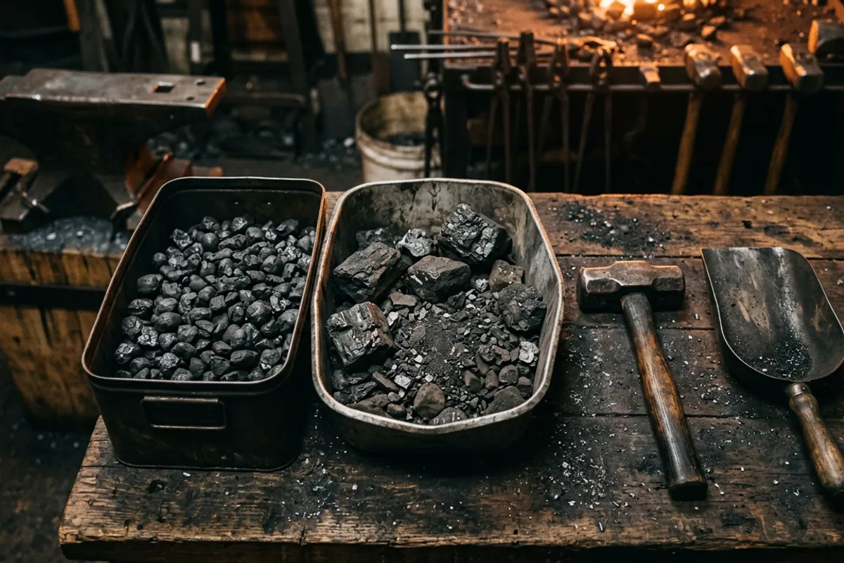 Nut size coal forge coal compared with larger unscreened chunks on a shop bench