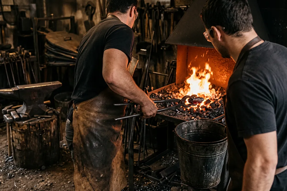Raking clinker out of a firepot with tongs while burning coal forge coal