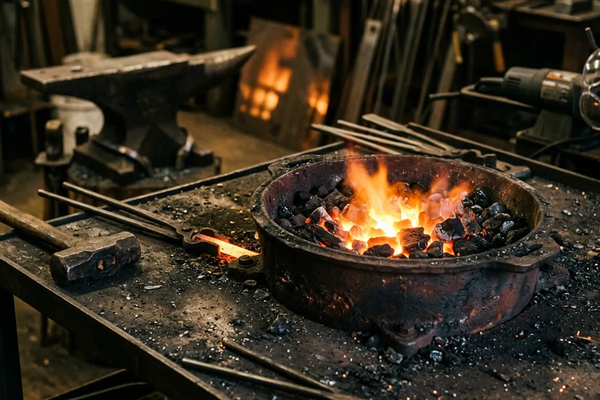 A welded firepot at the center of a coal forge diy build with coal coking around a hot core